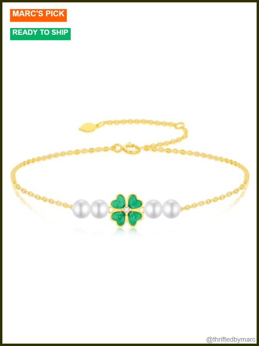 14k Gold Four Leaf Clover Bracelet Freshwater Pearl Lucky Jewelry Gift